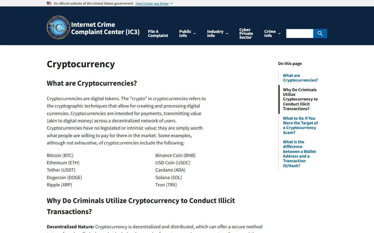 FBI IC3-ün rəsmi kriptovalyuta səhifəsi hadisə və tranzaksiya məlumatı üzrə istinad verir