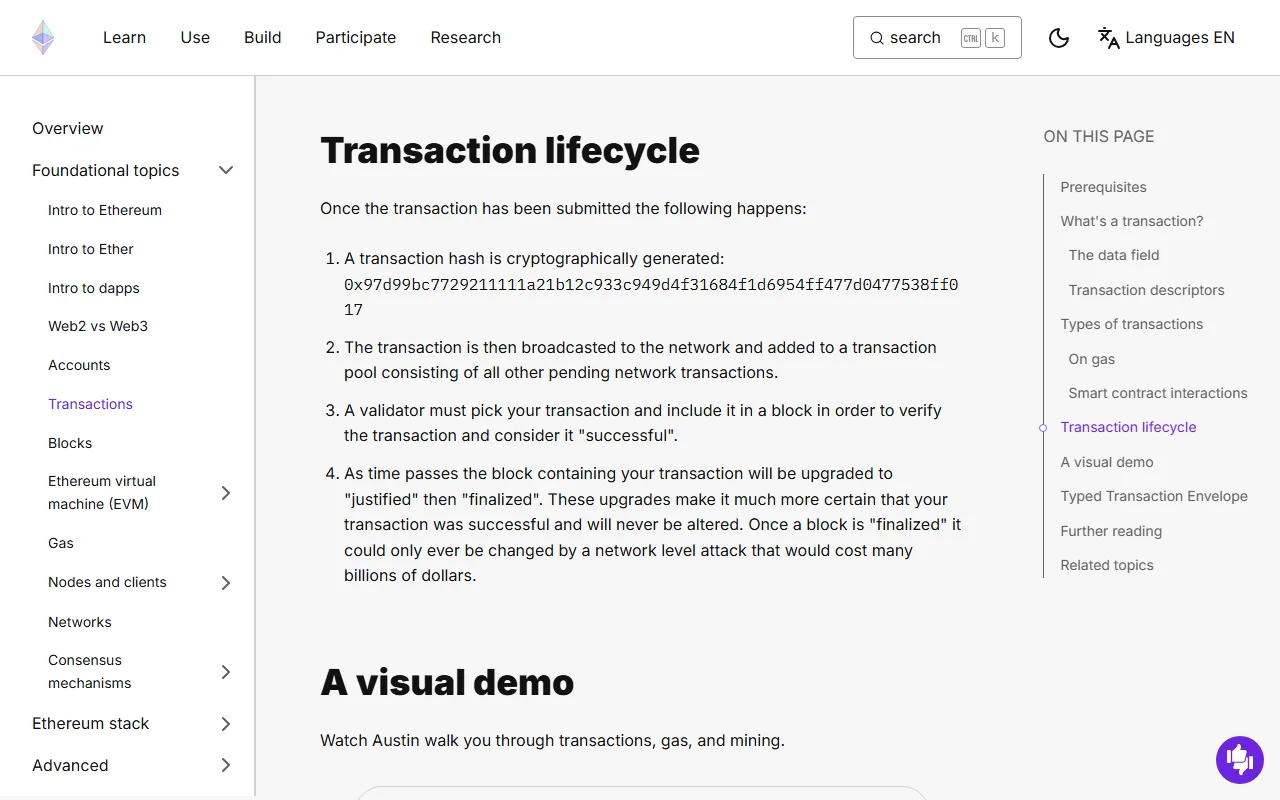 Ethereum.org-da tranzaksiya heşi, yayımlanma, bloka daxilolma və yekunlaşma mərhələləri