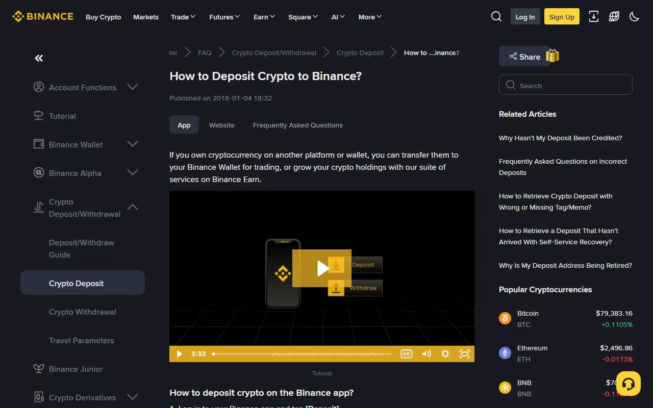 Binance-in kripto depoziti barədə rəsmi yardım səhifəsi və real məhsul təlimatı
