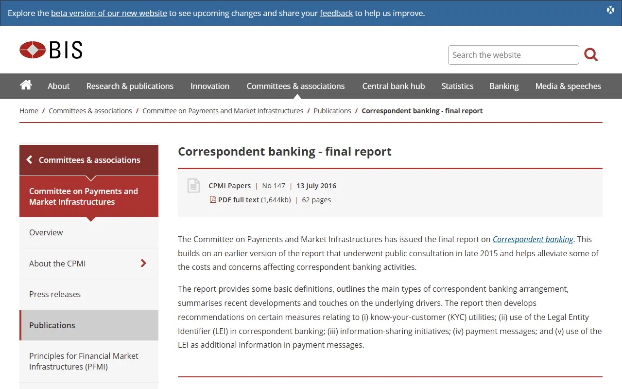 BIS CPMI 對應銀行最終報告官方頁面,說明對應銀行安排、KYC、公用識別碼與付款訊息;2026-08-28 真實截圖