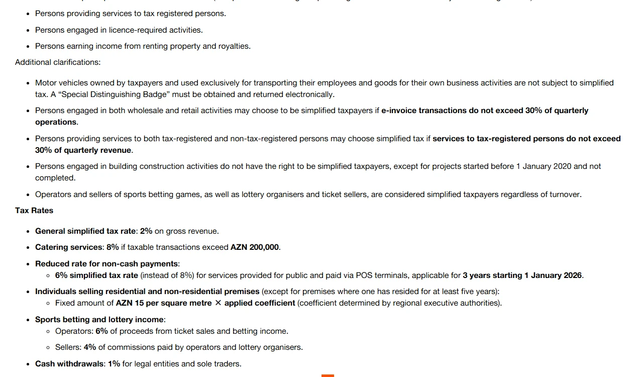 PwC Worldwide Tax Summaries 亞塞拜然企業稅頁面的簡化稅段落截圖,列出不得適用的類別、30% 季度比例限制,以及一般簡化稅率 2% 與現金提領 1%