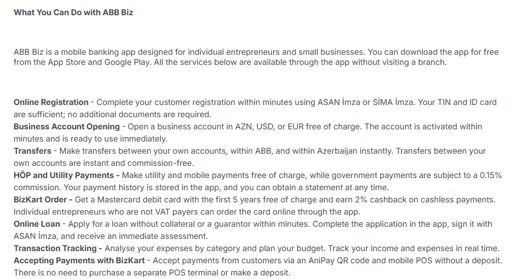 ABB 銀行 ABB Biz 頁面截圖：線上註冊只需 TIN 與身分證並以 ASAN İmza 或 SİMA İmza 確認，商業帳戶可免費開立 AZN、USD 或 EUR，數分鐘內啟用