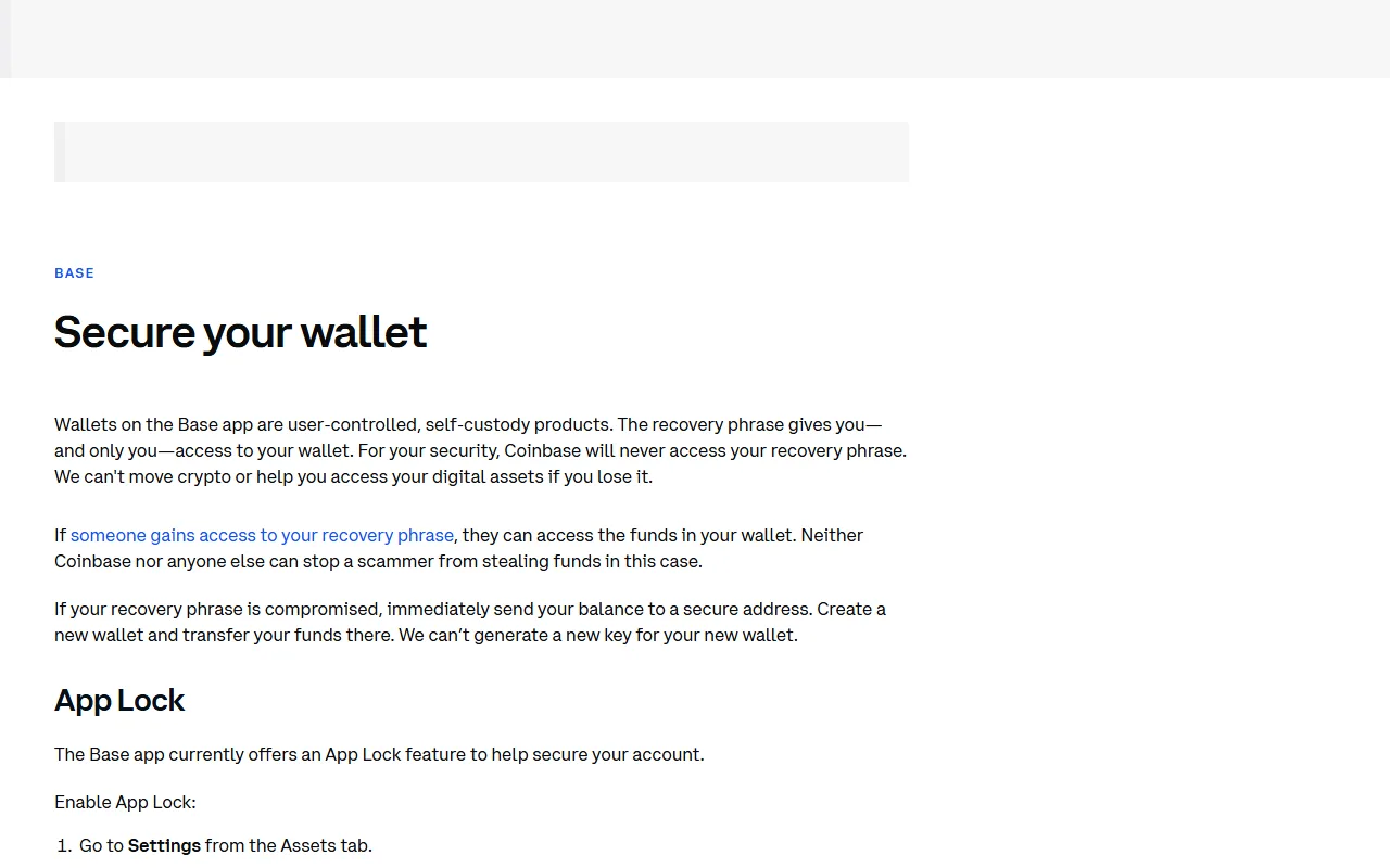 Coinbase 官方自託管錢包安全頁,說明恢復短語由使用者控制