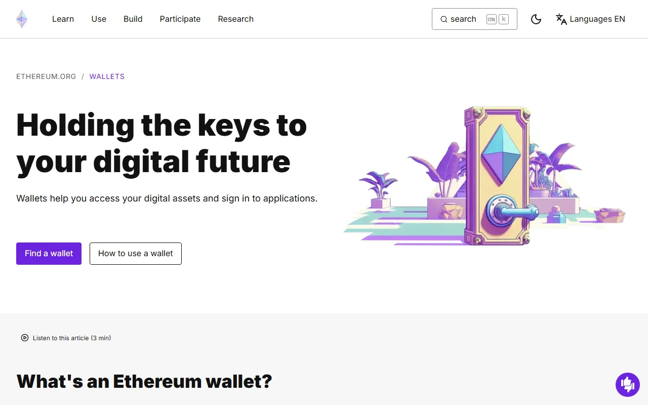 Ethereum.org 官方錢包頁,說明錢包、帳戶與密鑰的關係