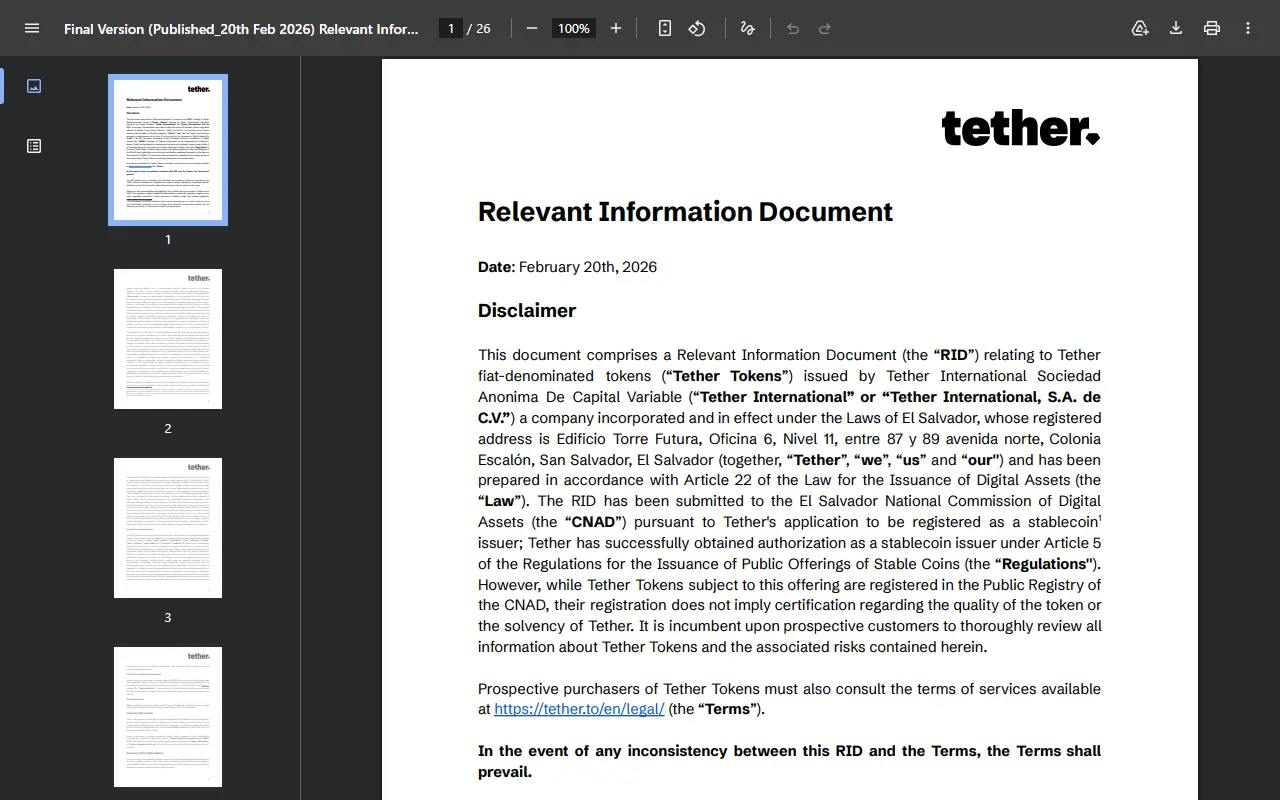Tether 於 2026-02-20 發布的官方 Relevant Information Document 首頁,說明發行主體、適用法規與應閱讀服務條款;2026-08-28 真實 PDF 頁面截圖