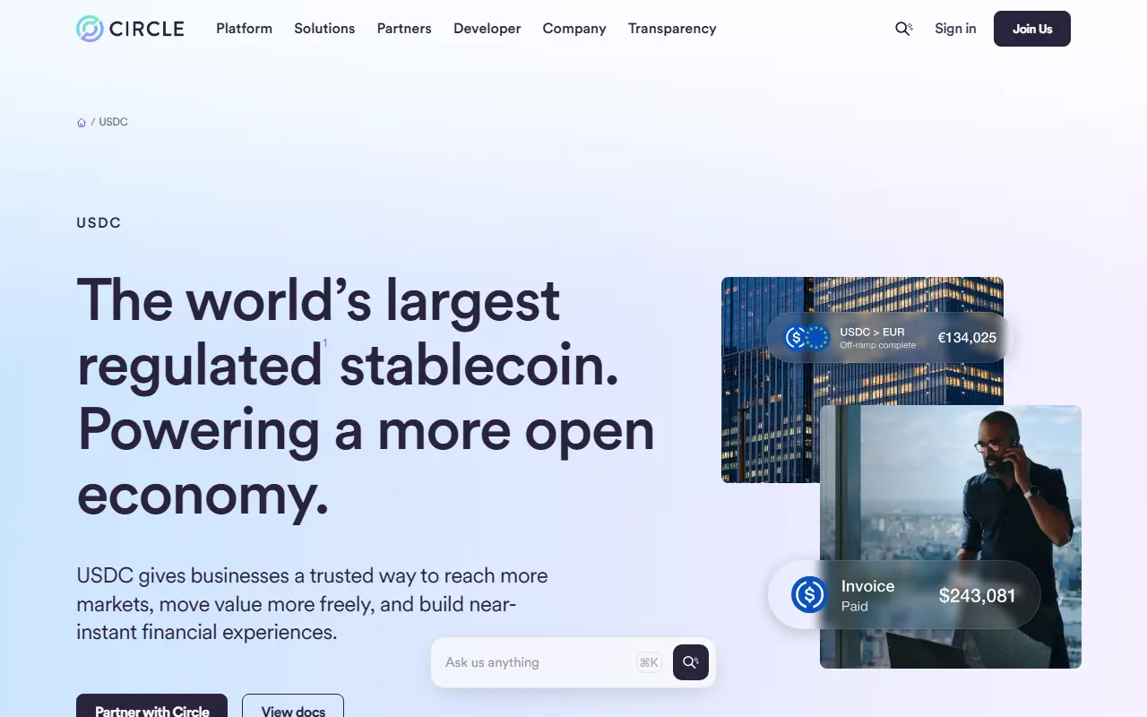 Circle 官方 USDC 頁面,呈現發行方對 USDC、跨境付款用途與直接兌回安排的公開說明;2026-08-28 真實官網截圖