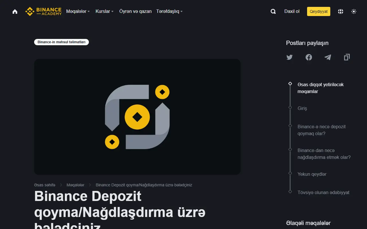 Binance Academy-nin azərbaycanca depozit və vəsait çıxarma bələdçisinin real səhifəsi; depozit və nağdlaşdırma bölmələri görünür, 2026-08-28 tarixində çəkilib və hesab məlumatı yoxdur