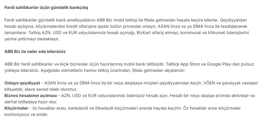ABB bankının ABB Biz səhifəsindən fraqment: onlayn qeydiyyat üçün VÖEN və şəxsiyyət vəsiqəsi kifayətdir, ASAN İmza və ya SİMA İmza ilə təsdiq, AZN, USD və EUR valyutalarında ödənişsiz biznes hesabı