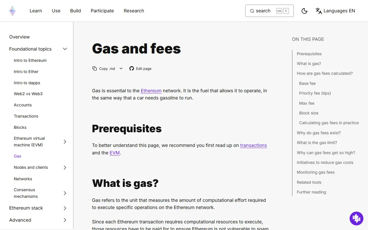 Ethereum.org Gas and fees sənədi; gas anlayışı, ETH ilə ödəniş və hesablama bölmələrini göstərən 28 avqust 2026-cı il real rəsmi sayt görüntüsü