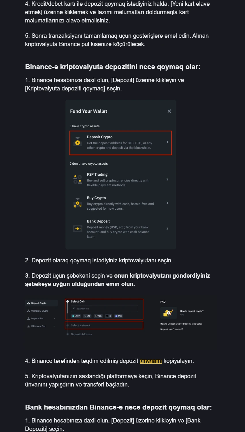 Binance Academy 亞塞拜然語指南頁面及文內 Deposit Crypto、幣種與網路選擇示例;2026-08-28 截圖,不含登入帳戶或個人資料